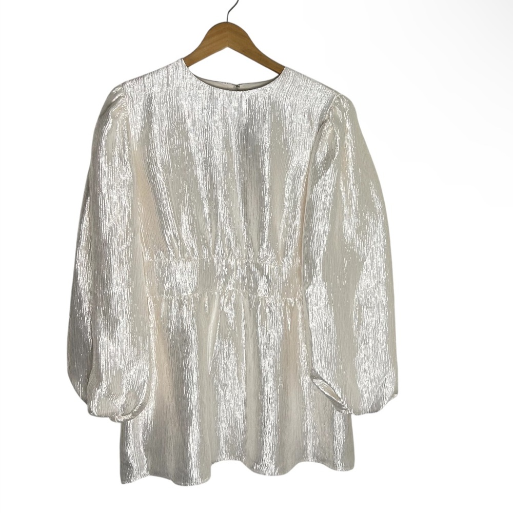 Veiled New York Modest Metallic Tunic Top Size 12 Reg In Ivory Ballon Sleeves